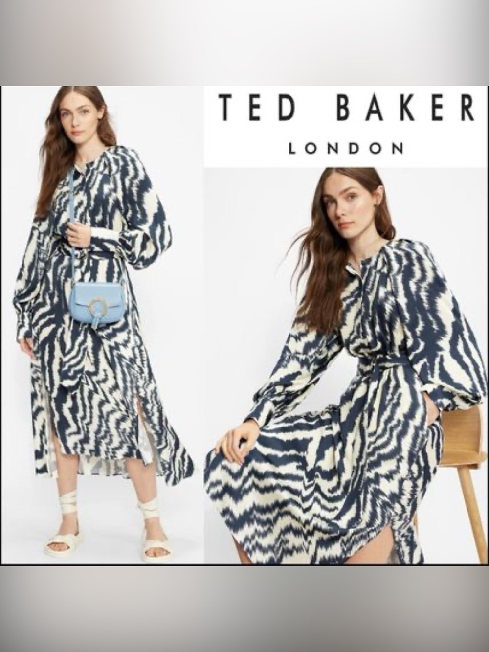 SET of Ted Baker Sandia Midi Dress Abstract Midi Dress in Blue & Cream Size XL